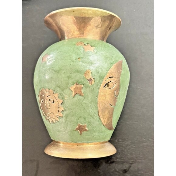 Solid Brass & Green Enamel Vase Celestial Sun Moon Stars Made in India 4-3/4" - Picture 1 of 14